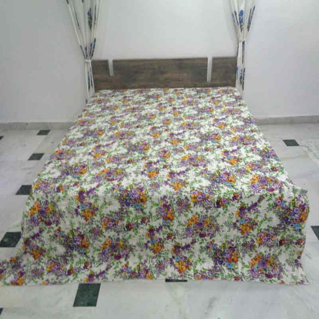 COTTON SCREEN PRINT ALL OVER FLORAL DESIGN KANTHA BED COVER FOR ALL-SEASON