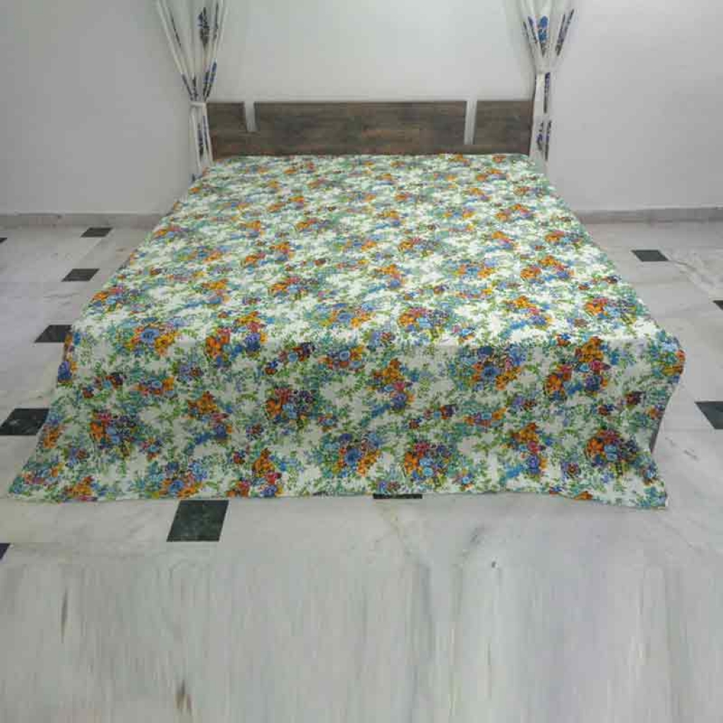 COTTON SCREEN PRINT ALL OVER FLORAL DESIGN KANTHA BED COVER FOR ALL-SEASON