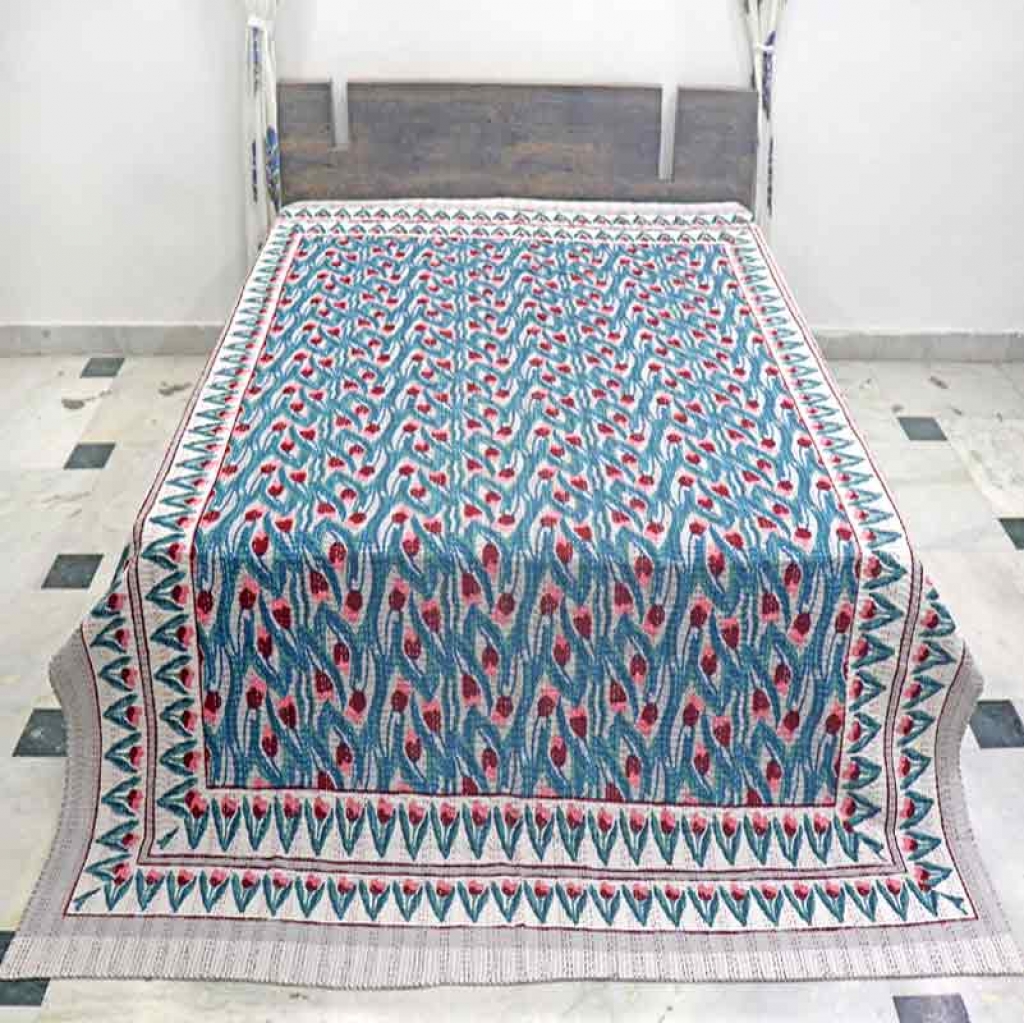 COTTON HAND BLOCK FULL PENAL KANTHA BED COVER FOR ALL-SEASON