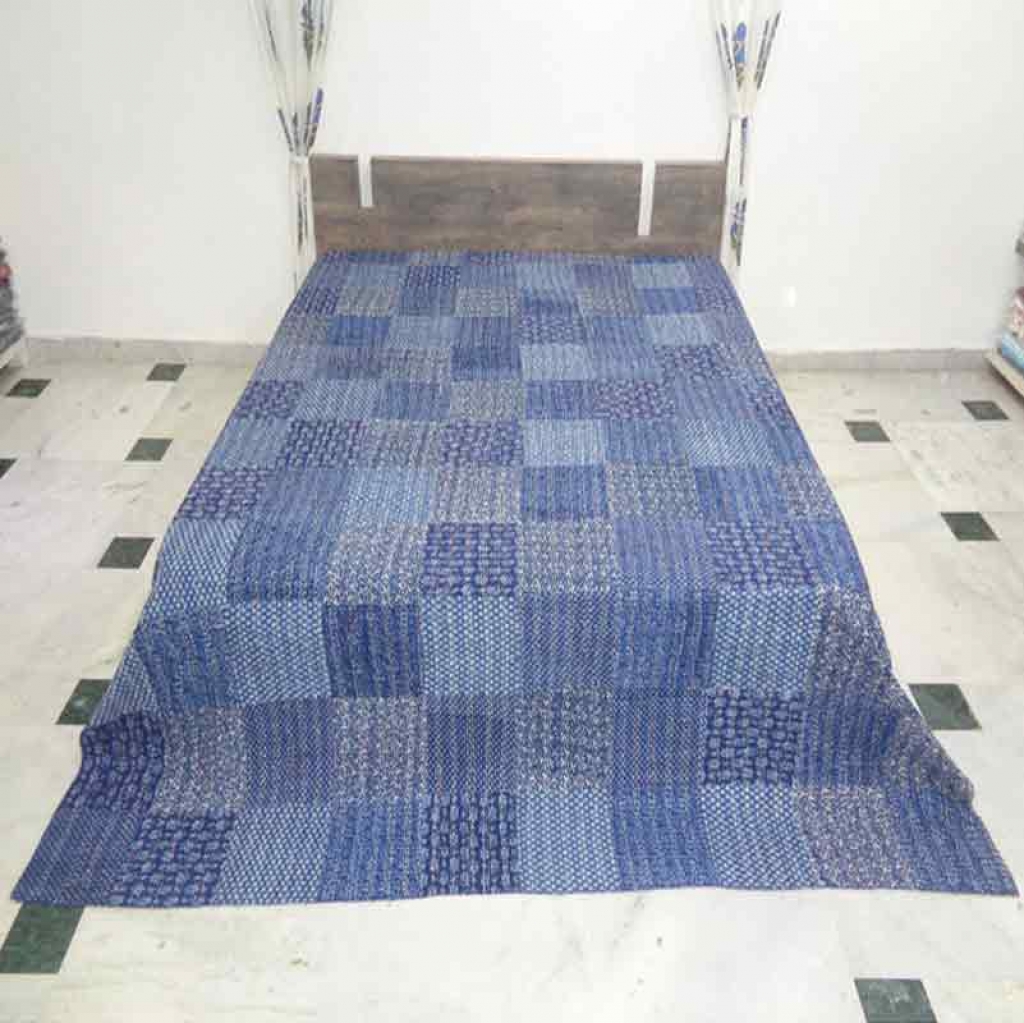 COTTON INDIGO PATCH PRINT KANTHA BED COVER FOR ALL-SEASON