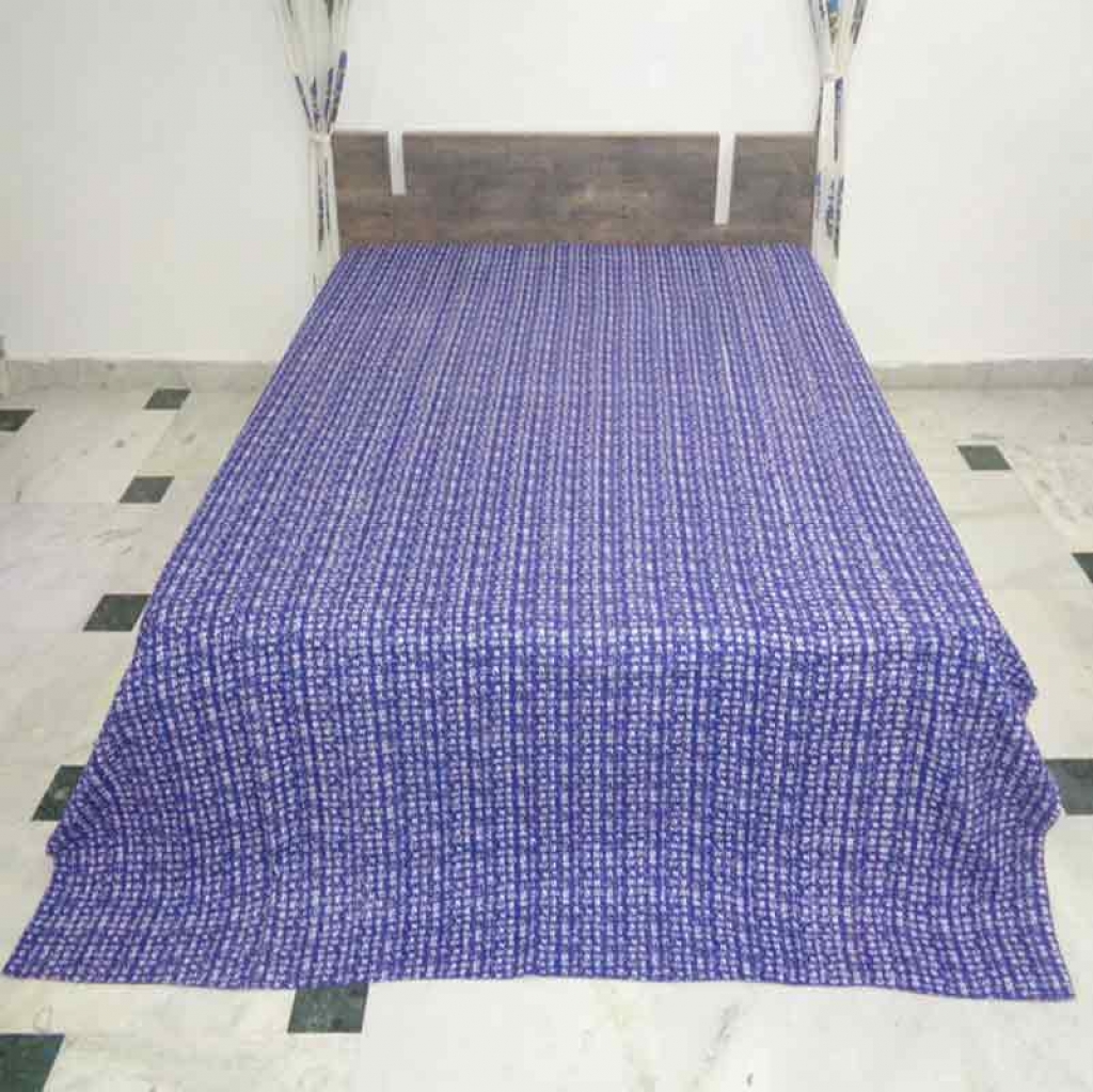 COTTON INDIGO ALL OVER PRINT KANTHA BED COVER FOR ALL-SEASON