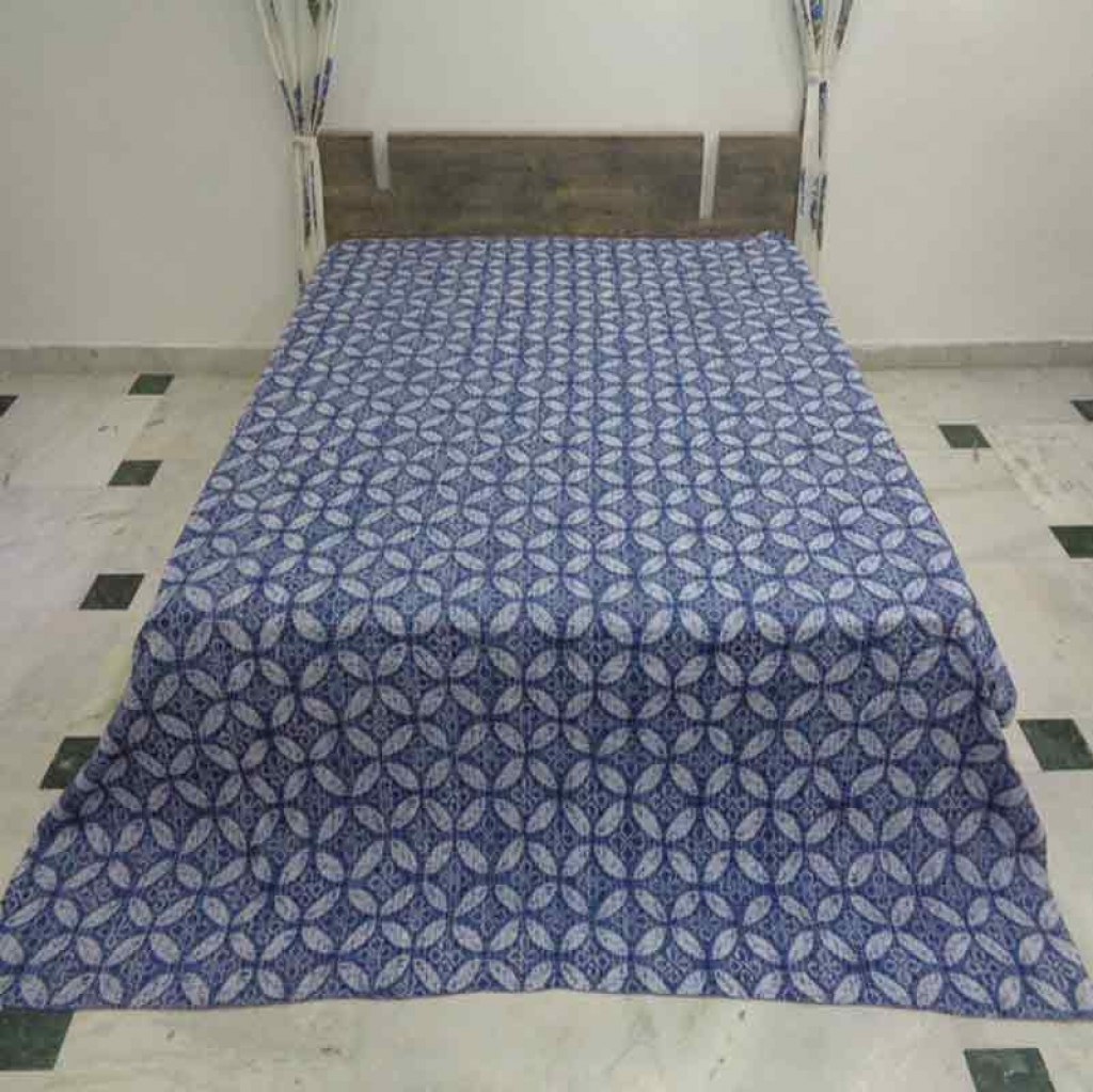 COTTON INDIGO ALL OVER PRINT KANTHA BED COVER FOR ALL-SEASON