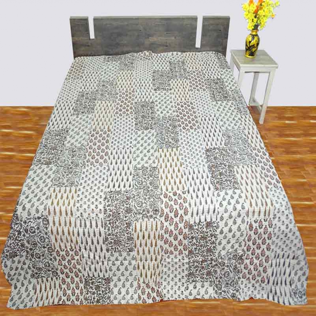 COTTON HAND BLOCK PATCH WORK PRINT KANTHA BED COVER FOR ALL-SEASON