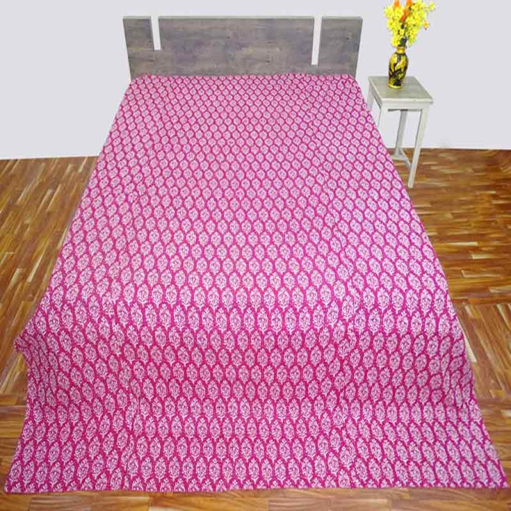 COTTON HAND BLOCK ALL OVER PRINT KANTHA BED COVER FOR ALL-SEASON