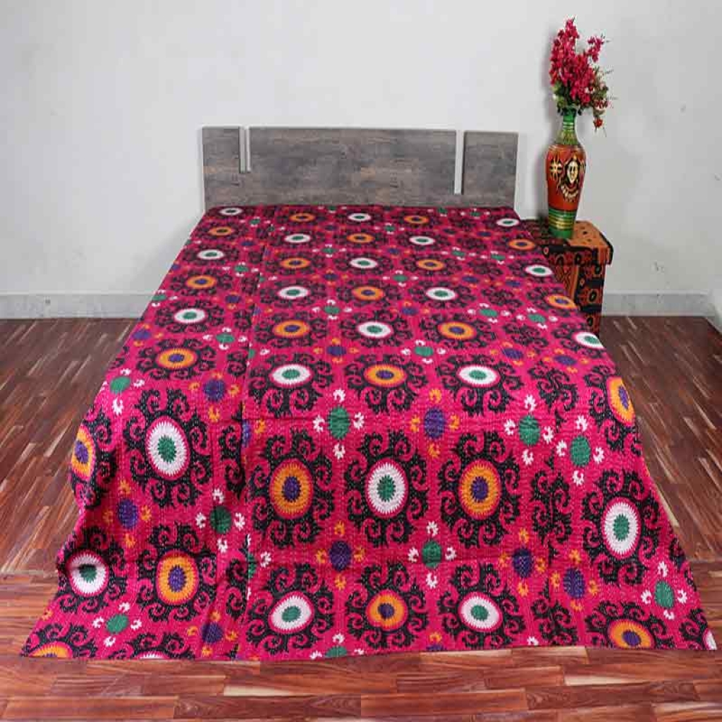 COTTON DISCHARGE PRINT KANTHA BED COVER FOR ALL-SEASON