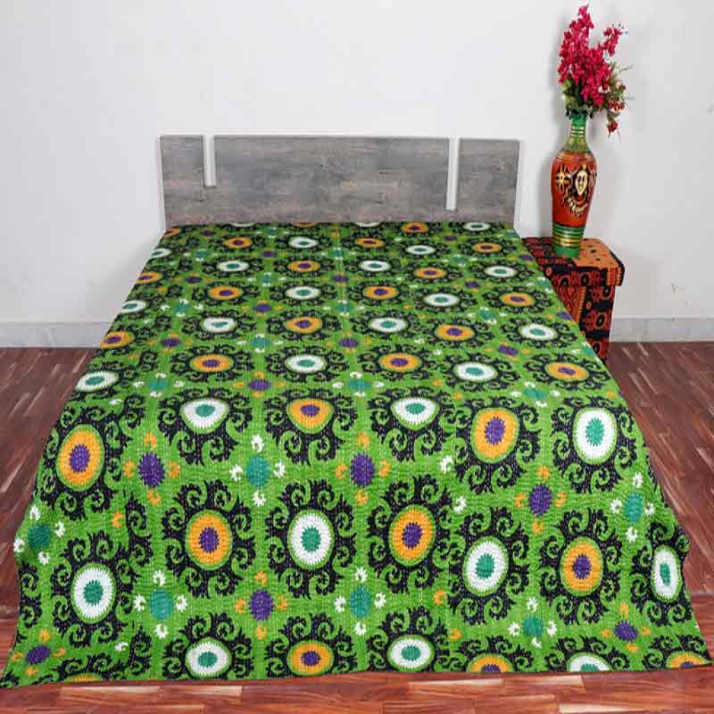 COTTON DISCHARGE PRINT KANTHA BED COVER FOR ALL-SEASON