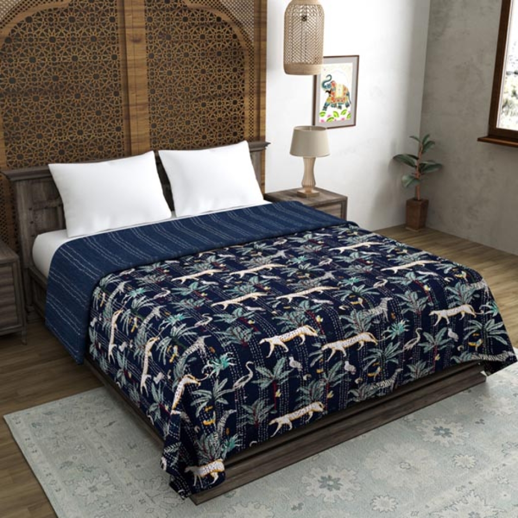 INDIAN COTTON KANTHA TIGER PRINT BED COVER